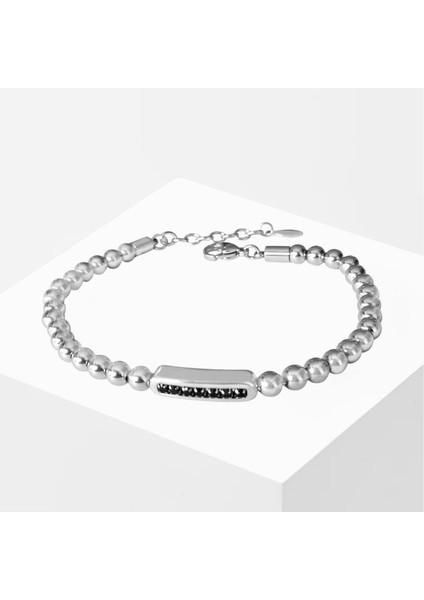 Taşlı Plakalı Silver Erkek Çelik Bileklik