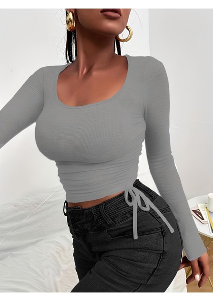 Kadın Uzun Kollu Yanlar Büzgü Detay Kaşkorse Crop modelleri