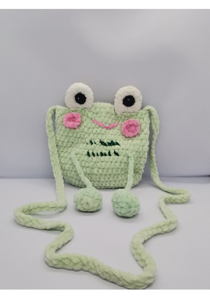 Çocuk Çantası Kurbağa El Yapımı Örme Kadife Ip