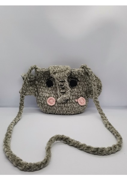 Çocuk Çantası Fil Detaylı El Yapımı Örme Kadife Ip