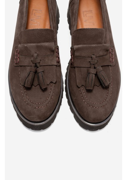 Poen Kahverengi Nubuk Hakiki Deri Püsküllü Kadın Loafer Ayakkabı fiyatları