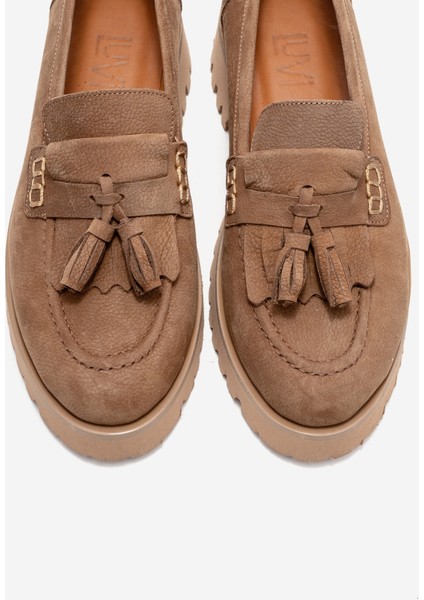 Poen Taba Nubuk Hakiki Deri Püsküllü Kadın Loafer Ayakkabı fiyatları