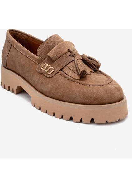 Poen Taba Nubuk Hakiki Deri Püsküllü Kadın Loafer Ayakkabı modelleri