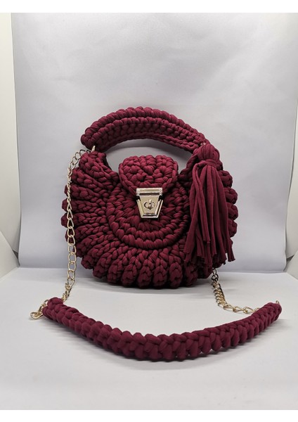 El Yapımı Bordo Penye Ip Kadın Omuz Çantası