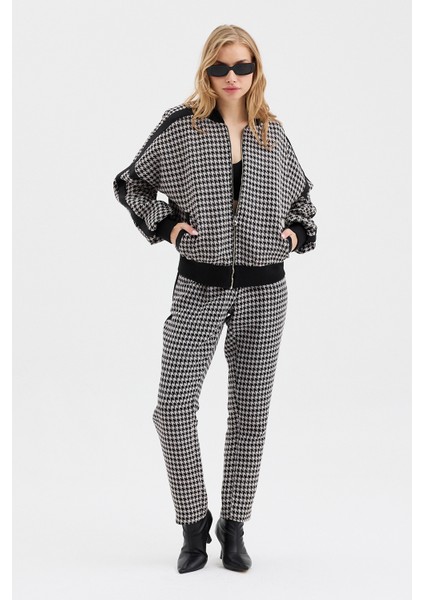 Kadın Bomber Ceket Kazayağı Desenlifull Fermuar Kapamalı Takım