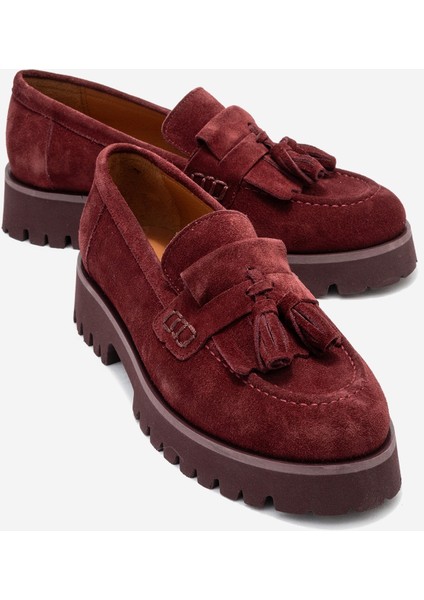 Poen Bordo Süet Hakiki Deri Püsküllü Kadın Loafer Ayakkabı