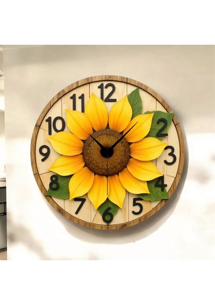 Çiçek Renkli Baskı Desenli Sayılı Hediyelik Ahşap Sessiz Tablo Duvar Saati