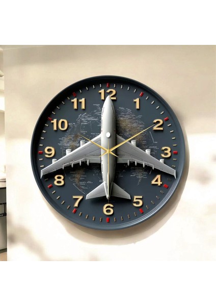 Uçak Renkli Baskı Desenli Sayılı Hediyelik Ahşap Sessiz Tablo Duvar Saati