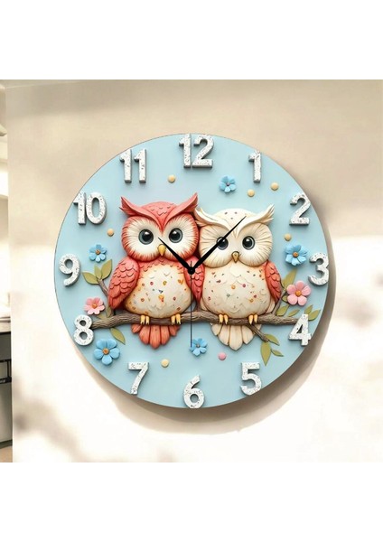Baykuş Çocuk Hayvan Renkli Baskı Desenli Sayılı Hediyelik Ahşap Sessiz Tablo Duvar Saati
