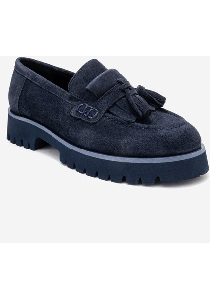 Poen Lacivert Süet Hakiki Deri Püsküllü Kadın Loafer Ayakkabı modelleri
