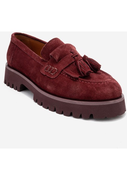 Poen Bordo Süet Hakiki Deri Püsküllü Kadın Loafer Ayakkabı modelleri