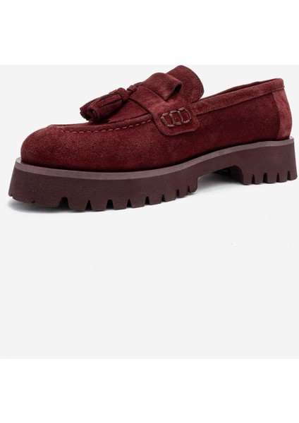 Poen Bordo Süet Hakiki Deri Püsküllü Kadın Loafer Ayakkabı fırsatları