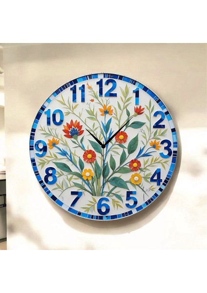 Çiçek Renkli Baskı Desenli Sayılı Hediyelik Ahşap Sessiz Tablo Duvar Saati