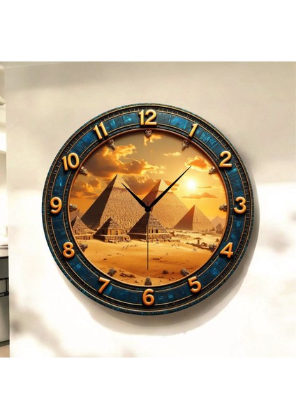 Mısır Piramit Renkli Baskı Desenli Sayılı Hediyelik Ahşap Sessiz Tablo Duvar Saati