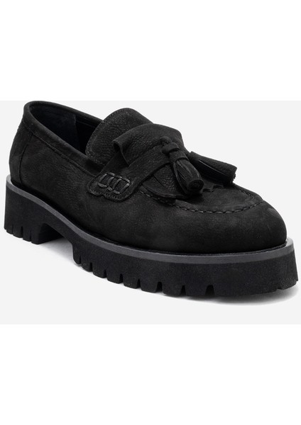 Poen Siyah Nubuk Hakiki Deri Püsküllü Kadın Loafer Ayakkabı modelleri