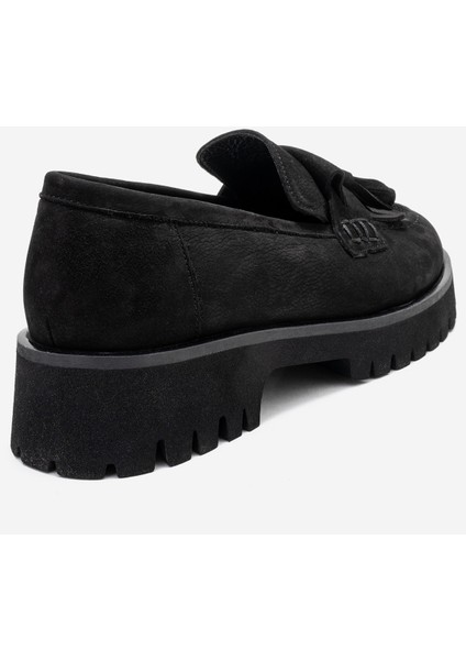 Poen Siyah Nubuk Hakiki Deri Püsküllü Kadın Loafer Ayakkabı indirimleri