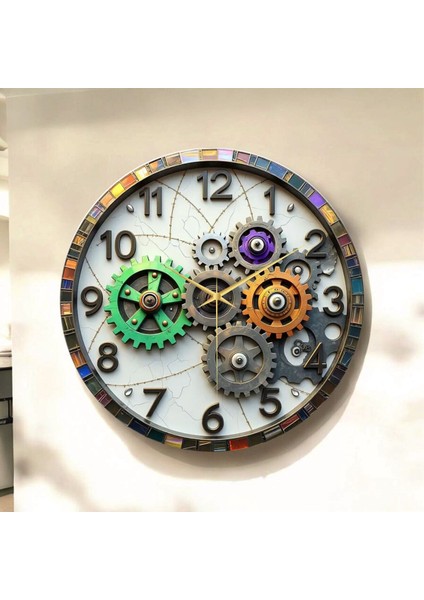 Çark Renkli Baskı Desenli Sayılı Hediyelik Ahşap Sessiz Tablo Duvar Saati