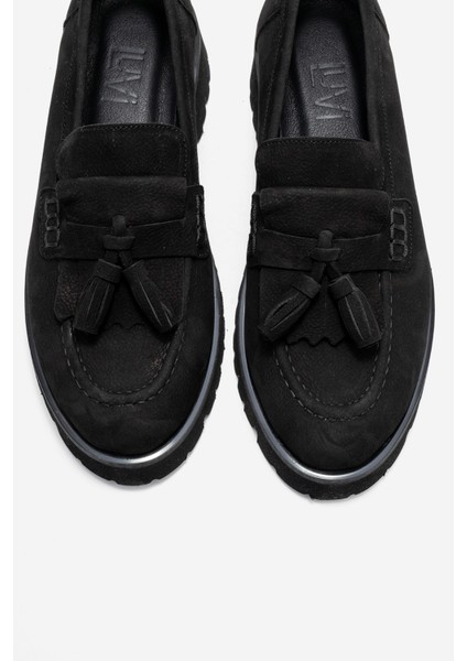 Poen Siyah Nubuk Hakiki Deri Püsküllü Kadın Loafer Ayakkabı fiyatları