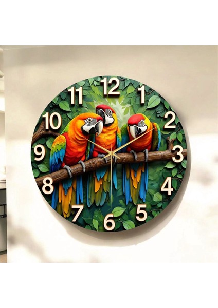Papağan Hayvan Renkli Baskı Desenli Sayılı Hediyelik Ahşap Sessiz Tablo Duvar Saati