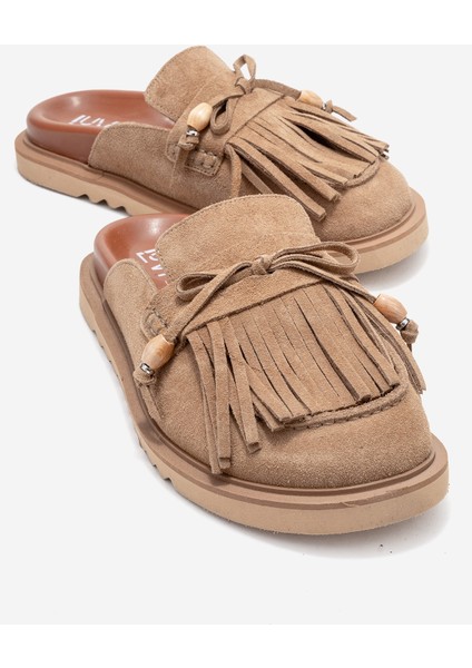 Carol Toprak Süet Püsküllü Hakiki Deri Kadın Burnu Kapalı Terlik