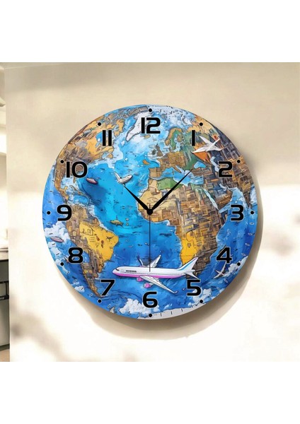Dünya Harita Renkli Baskı Desenli Sayılı Hediyelik Ahşap Sessiz Tablo Duvar Saati