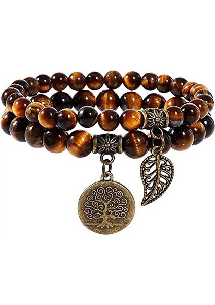 Doğal Kaplan Gözü Taşı Bileklik El Yapımı Enerji Dengeleyici Hayat Ağacı ve Yaprak Charm Denge ve Enerji