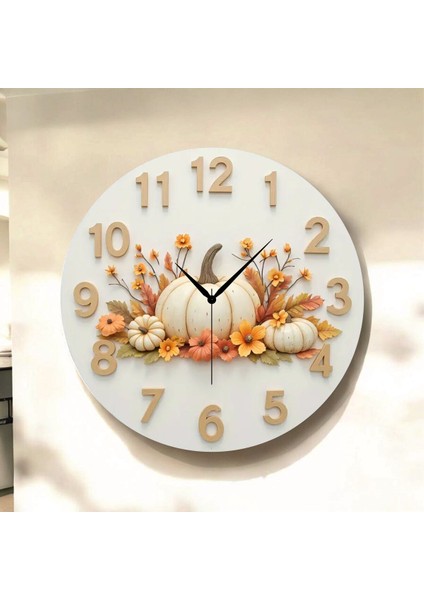 Kabak Çiçek Renkli Baskı Desenli Sayılı Hediyelik Ahşap Sessiz Tablo Duvar Saati