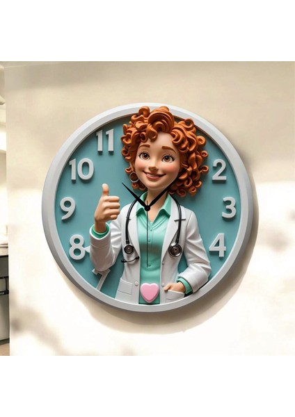 Doktor Hemşire Eczacı Renkli Baskı Desenli Sayılı Hediyelik Ahşap Sessiz Tablo Duvar Saati