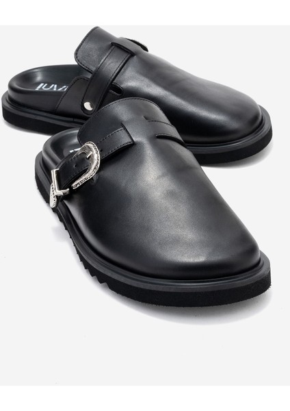 Vesta Siyah Cilt Tokalı Hakiki Deri Kadın Burnu Kapalı Terlik