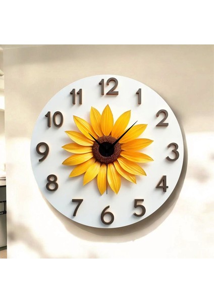 Çiçek Renkli Baskı Desenli Sayılı Hediyelik Ahşap Sessiz Tablo Duvar Saati