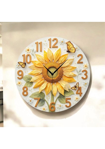 Çiçek Renkli Baskı Desenli Sayılı Hediyelik Ahşap Sessiz Tablo Duvar Saati