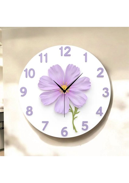 Çiçek Mor Renkli Baskı Desenli Sayılı Hediyelik Ahşap Sessiz Tablo Duvar Saati