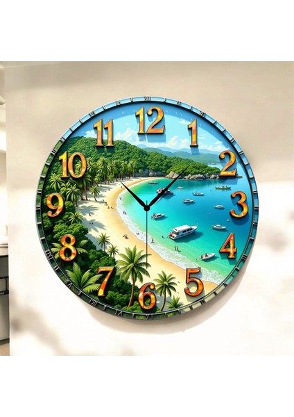 Deniz Sahil Renkli Baskı Desenli Sayılı Hediyelik Ahşap Sessiz Tablo Duvar Saati