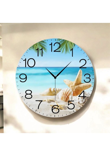 Deniz Sahil Renkli Baskı Desenli Sayılı Hediyelik Ahşap Sessiz Tablo Duvar Saati