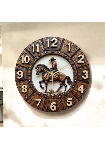 Kovboy At Renkli Baskı Desenli Sayılı Hediyelik Ahşap Sessiz Tablo Duvar Saati
