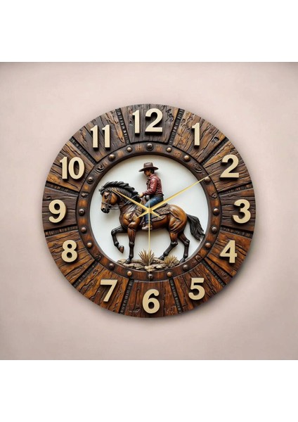 Kovboy At Renkli Baskı Desenli Sayılı Hediyelik Ahşap Sessiz Tablo Duvar Saati fiyatları