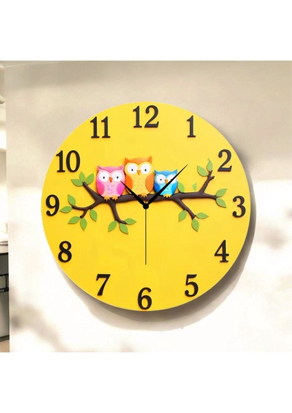 Baykuş Çocuk Renkli Baskı Desenli Sayılı Hediyelik Ahşap Sessiz Tablo Duvar Saati