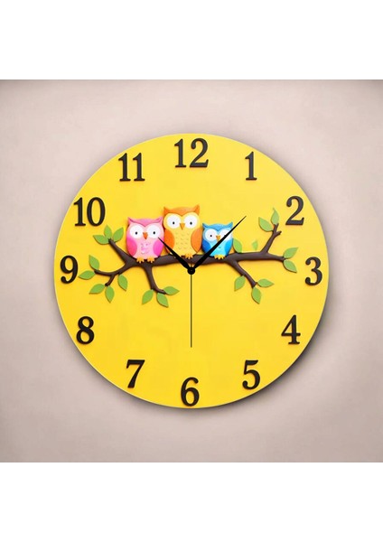 Baykuş Çocuk Renkli Baskı Desenli Sayılı Hediyelik Ahşap Sessiz Tablo Duvar Saati fiyatları