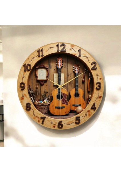 Gitar Müzik Renkli Baskı Desenli Sayılı Hediyelik Ahşap Sessiz Tablo Duvar Saati