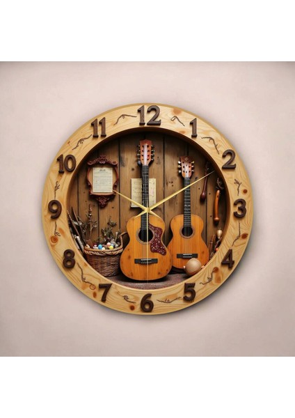 Gitar Müzik Renkli Baskı Desenli Sayılı Hediyelik Ahşap Sessiz Tablo Duvar Saati fiyatları