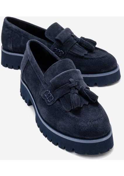 Poen Lacivert Süet Hakiki Deri Püsküllü Kadın Loafer Ayakkabı