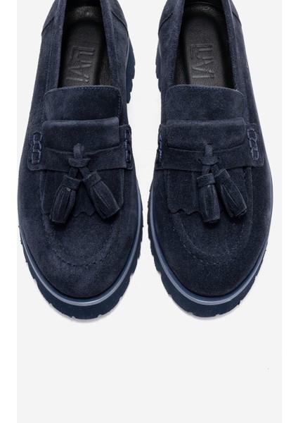 Poen Lacivert Süet Hakiki Deri Püsküllü Kadın Loafer Ayakkabı fiyatları