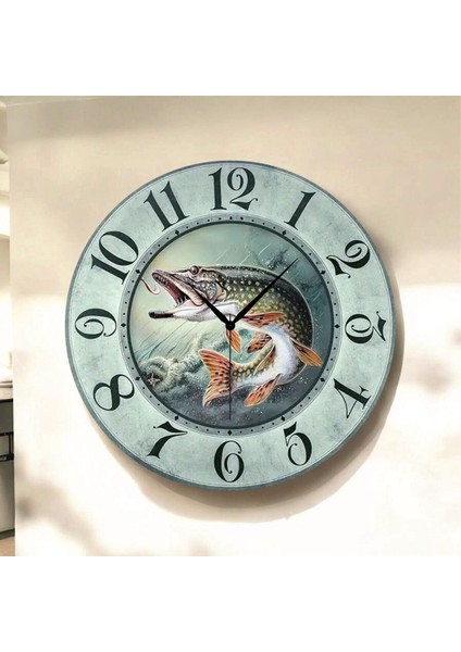 Balık Renkli Baskı Desenli Sayılı Hediyelik Ahşap Sessiz Tablo Duvar Saati