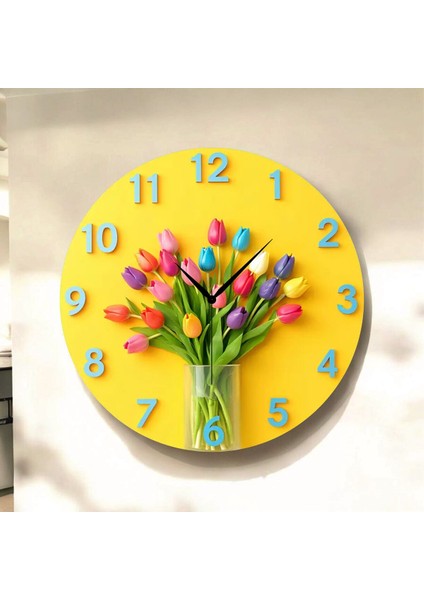 Çiçek Renkli Baskı Desenli Sayılı Hediyelik Ahşap Sessiz Tablo Duvar Saati