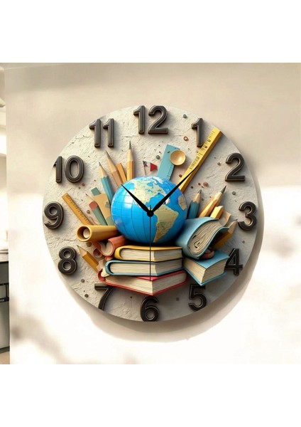 Dünya Kitap Okul Öğretmen Renkli Baskı Desenli Sayılı Hediyelik Ahşap Sessiz Tablo Duvar Saati