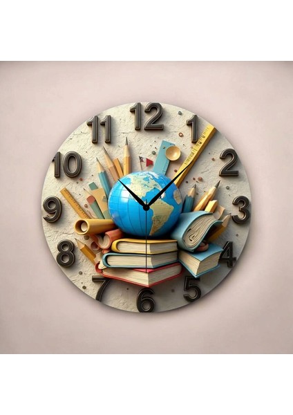 Dünya Kitap Okul Öğretmen Renkli Baskı Desenli Sayılı Hediyelik Ahşap Sessiz Tablo Duvar Saati fiyatları