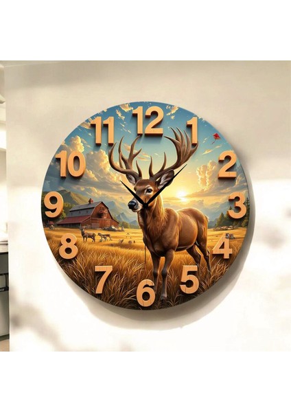 Geyik Hayvan Renkli Baskı Desenli Sayılı Hediyelik Ahşap Sessiz Tablo Duvar Saati
