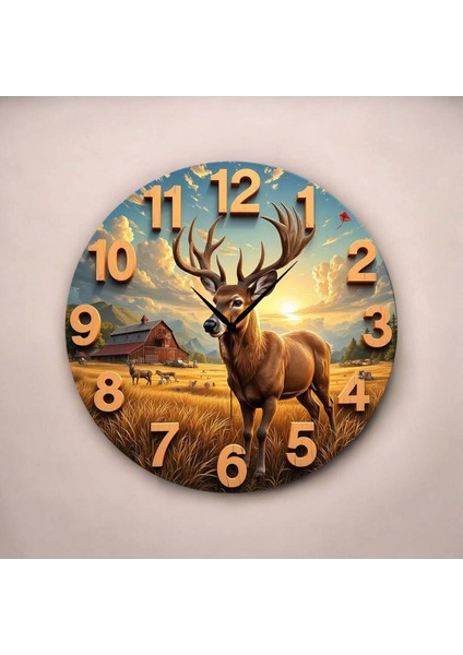 Geyik Hayvan Renkli Baskı Desenli Sayılı Hediyelik Ahşap Sessiz Tablo Duvar Saati fiyatları