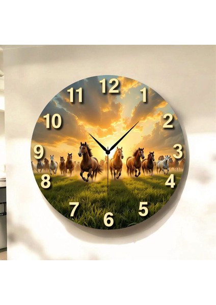 At Doğa Hayvan Renkli Baskı Desenli Sayılı Hediyelik Ahşap Sessiz Tablo Duvar Saati