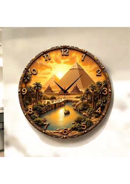 Mısır Piramit Renkli Baskı Desenli Sayılı Hediyelik Ahşap Sessiz Tablo Duvar Saati